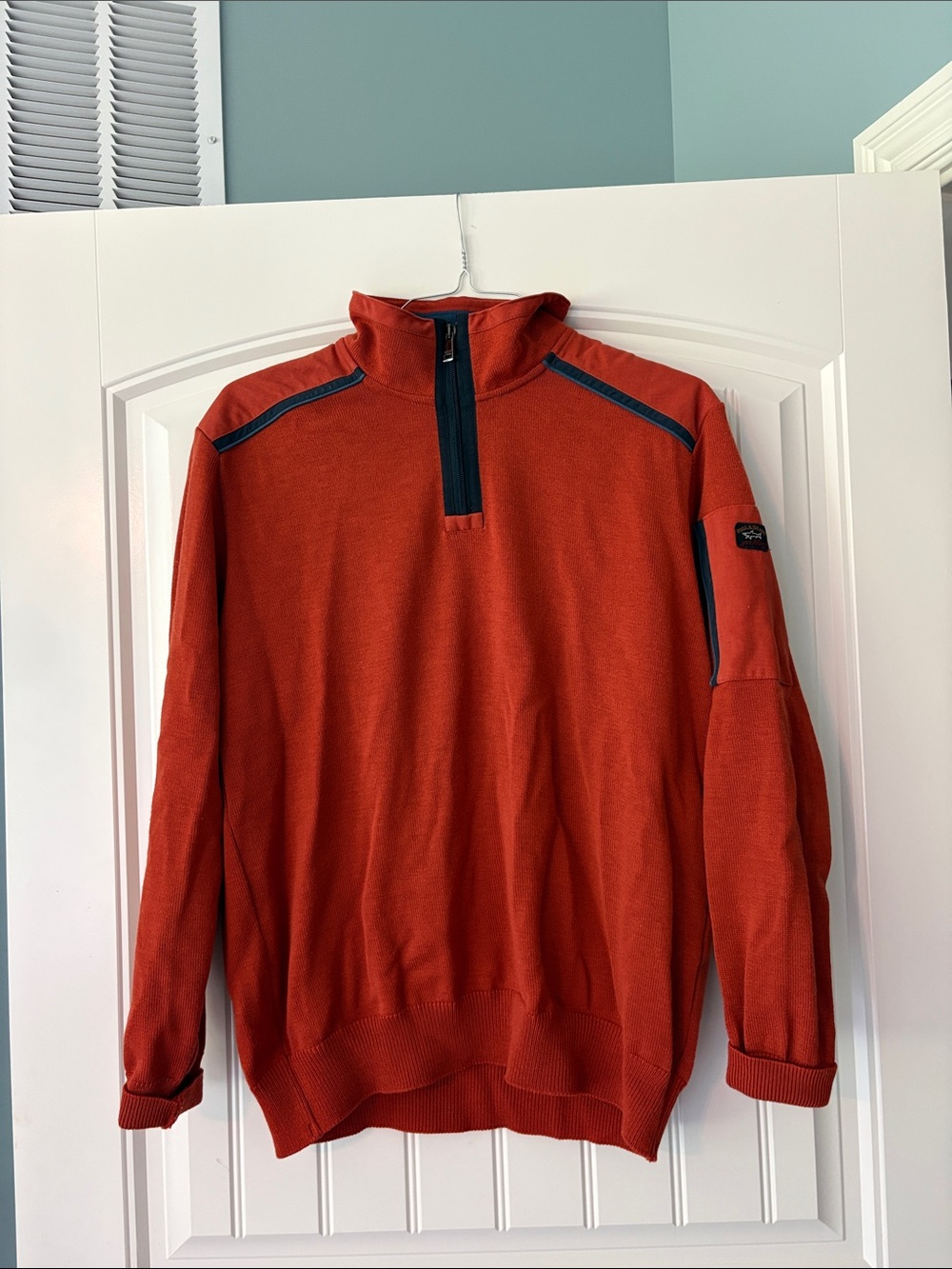 Paul & Shark Men's Orange Quarter-Zip Sweater with Navy Trim